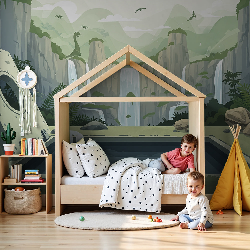 Kids-Mundo hidden hatch dinosaur mural in a green nursery with a wooden cot nearby.