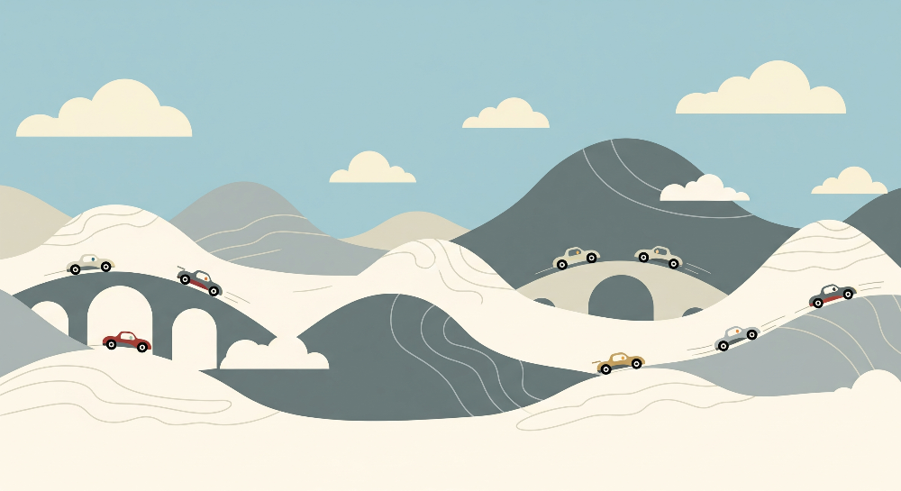 Toy Cars on Winding Hills with Bridges Wall Mural