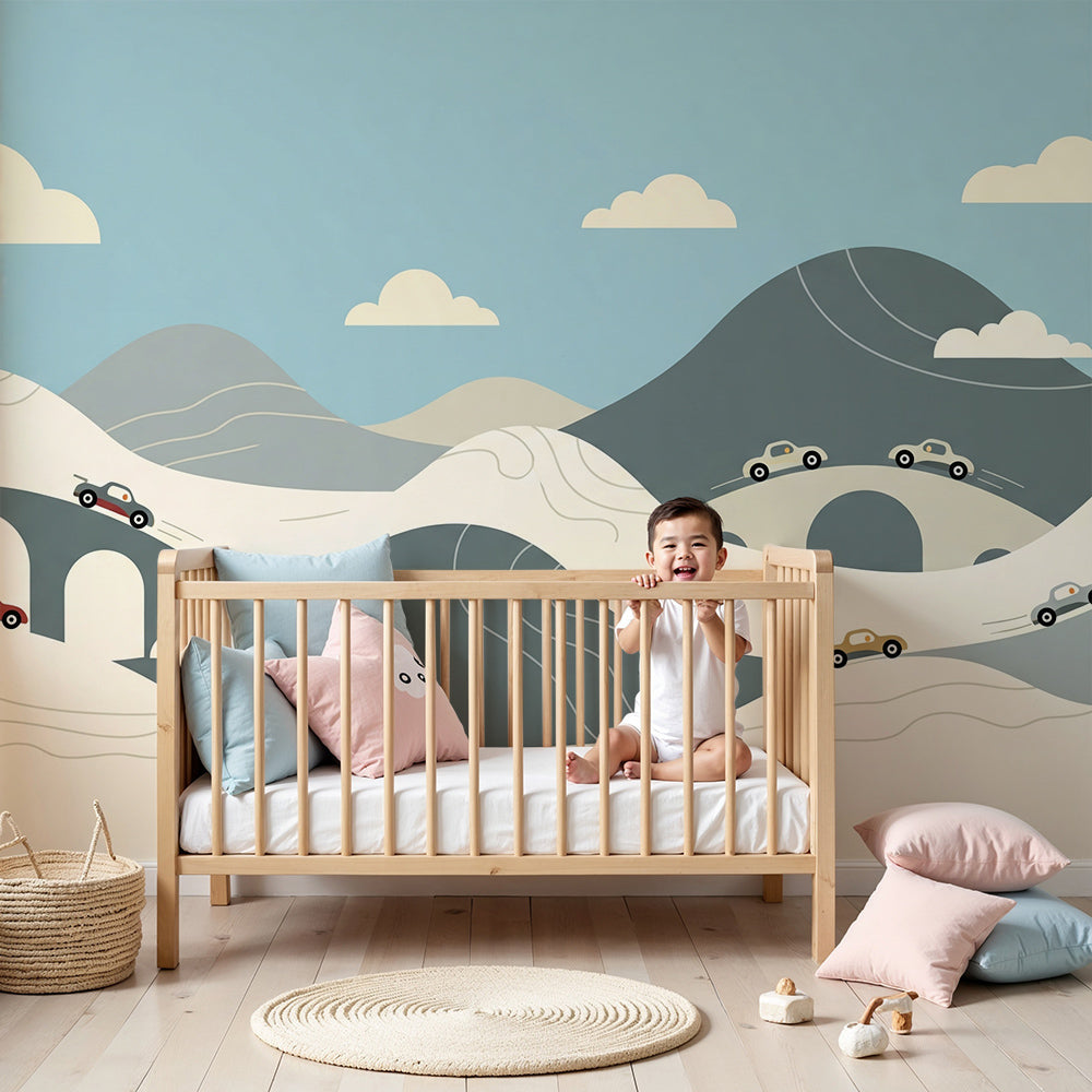 Kids-Mundo winding hills car wall mural with bridges, made to measure and shown in a calm nursery setting.