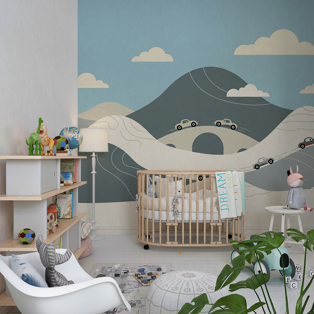 Kids-Mundo hills and bridges car mural, made to measure and pictured in a fun kids' playroom wall.