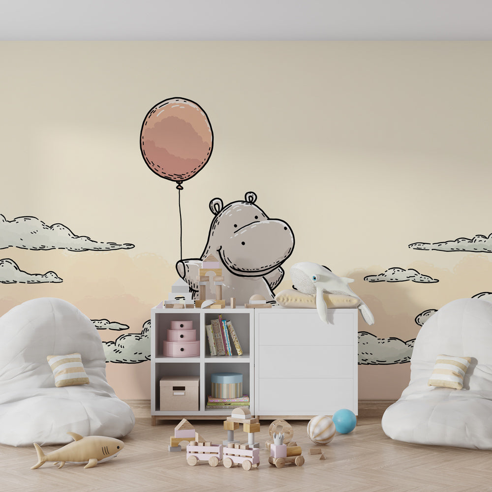 Soft beige hippo cloud mural wallpaper in cozy toddler bedroom setting by Kids-Mundo