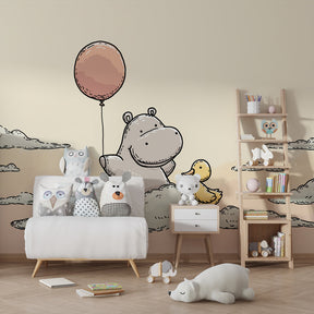 Gentle pastel hippo and duck cloud wallpaper transforming modern baby room decor