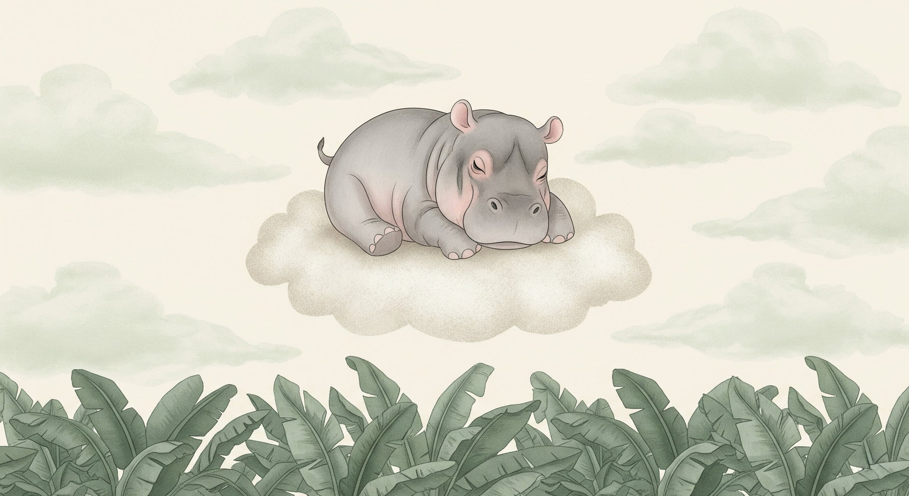 Complete hippo dreams mural wallpaper design pattern showing sleeping hippo on clouds with foliage by Kids-Mundo