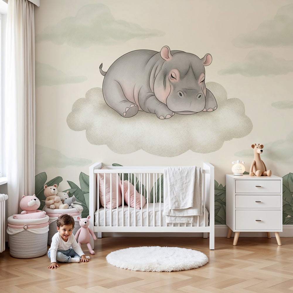 Hippo dreams mural wallpaper creating peaceful baby nursery with soft gray and pink clouds by Kids-Mundo