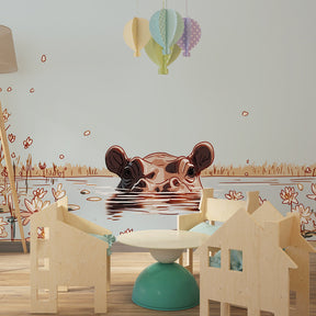 Aquatic hippo wallpaper creating serene atmosphere in children's bedroom interior