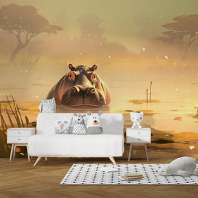 Aquatic hippo wallpaper creating serene atmosphere in children's bedroom with earth tones