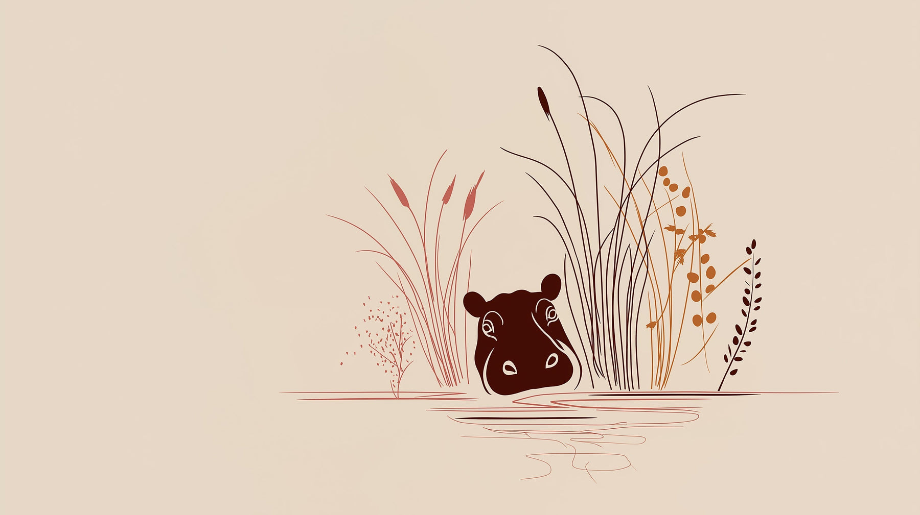 Detailed peaceful hippo mural wallpaper design pattern with water and vegetation by Kids-Mundo