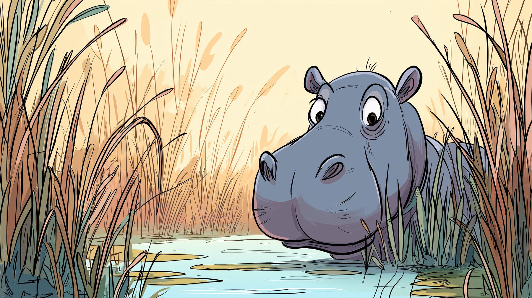 Detailed hippo mural wallpaper design pattern showing curious animal in peaceful pond by Kids-Mundo