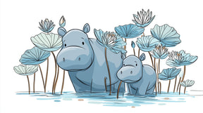 Detailed hippo and water lily mural wallpaper design pattern showing aquatic theme by Kids-Mundo