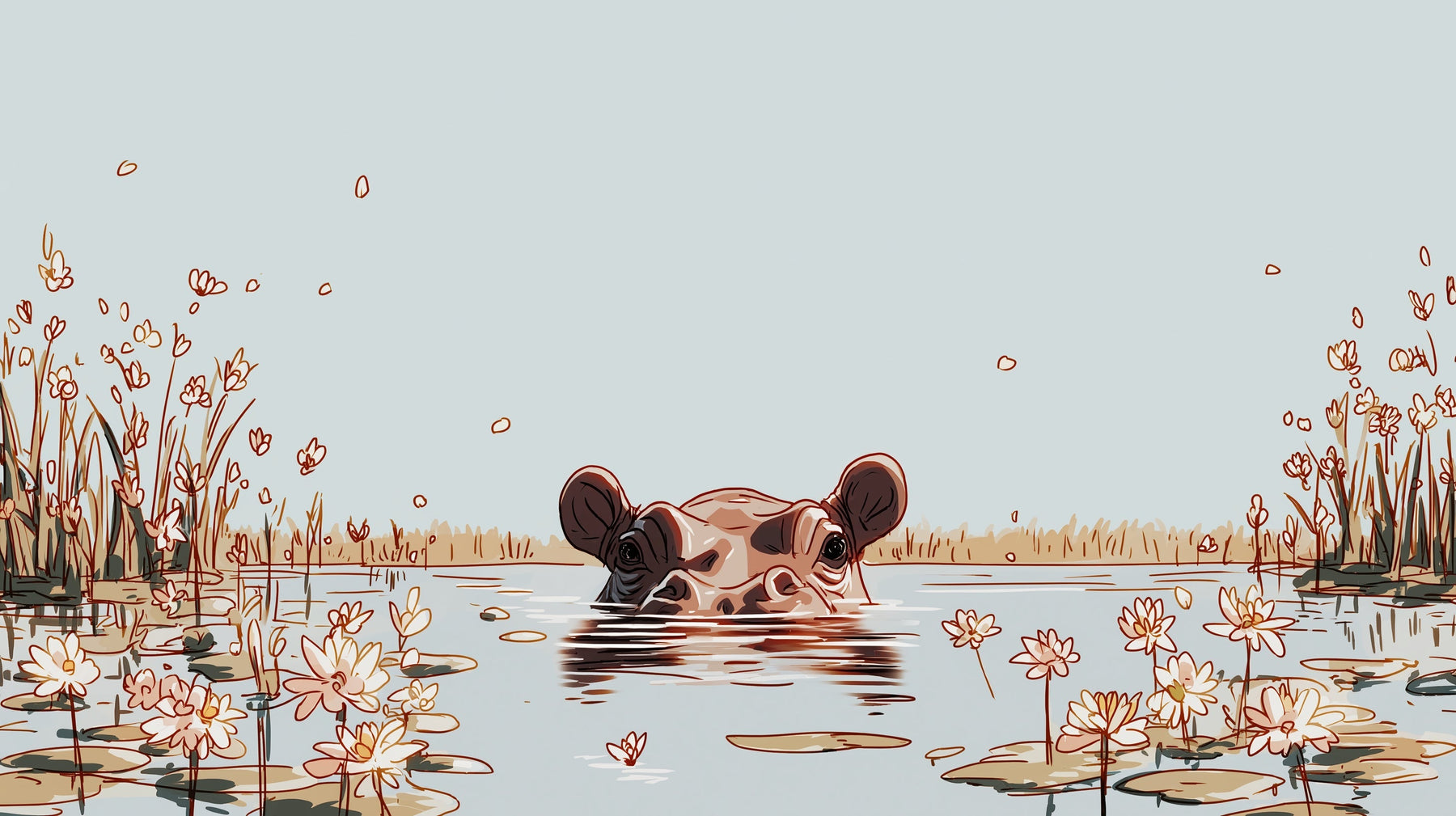Detailed hippo aquatic habitat mural wallpaper design pattern with water lilies by Kids-Mundo