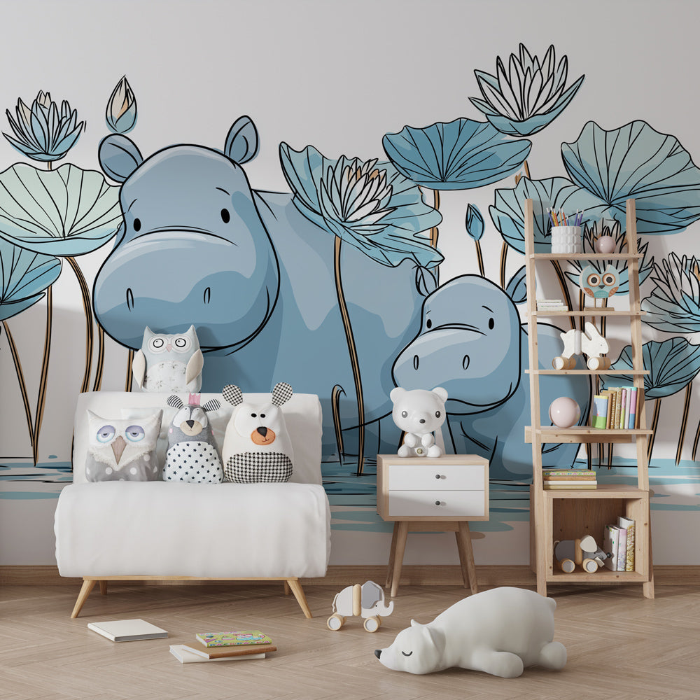 Children's bedroom featuring hippo and water lily mural wallpaper creating calming atmosphere