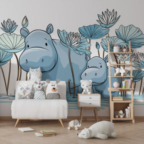 Children's bedroom featuring hippo and water lily mural wallpaper creating calming atmosphere