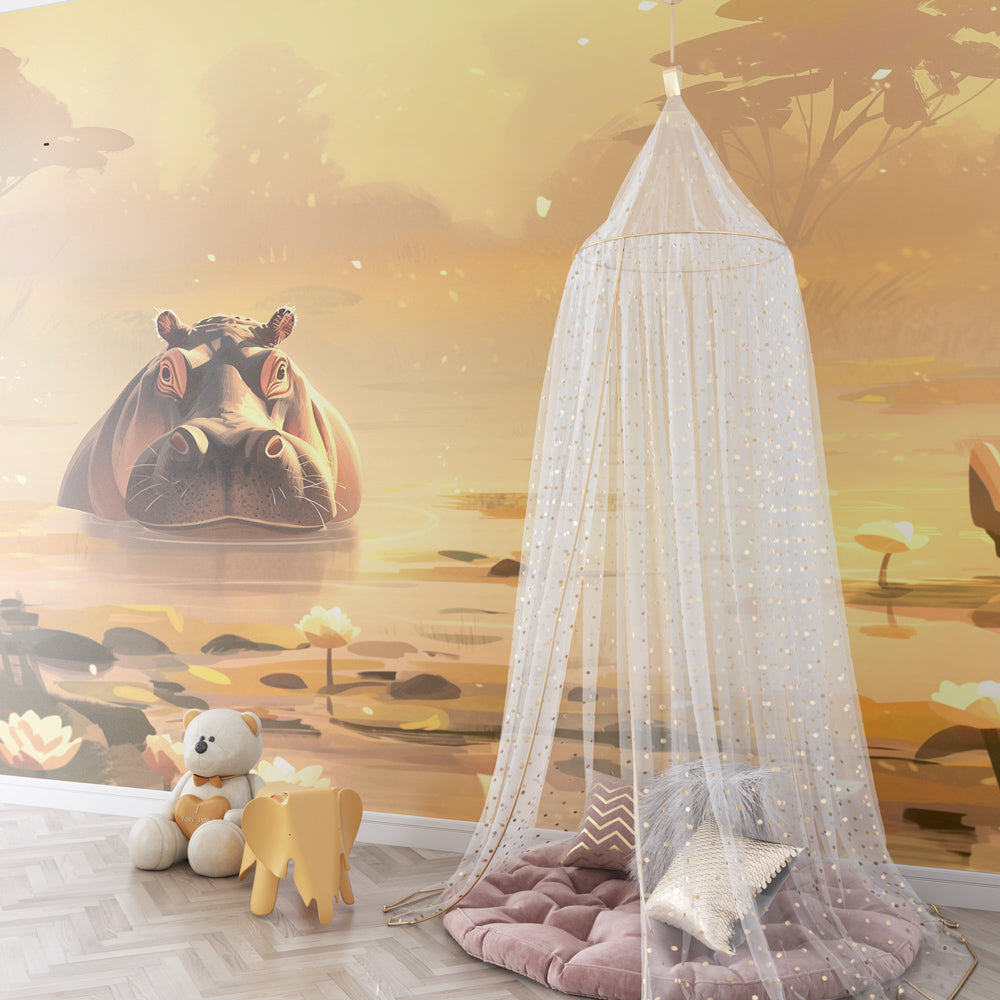 Tranquil hippo pond mural wallpaper transforming toddler room into peaceful sanctuary
