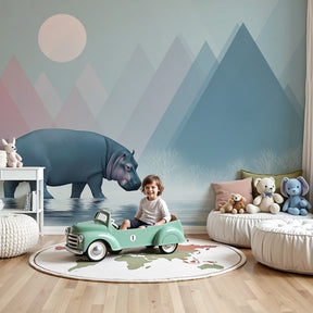 Hippo mural wallpaper in modern nursery with natural wood crib by Kids-Mundo