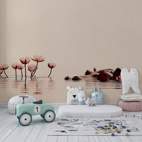 Gentle hippo and water lily wallpaper for peaceful children's playroom decor