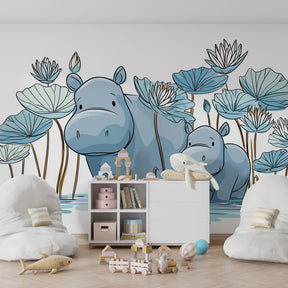 Aquatic hippo wallpaper transforming kids playroom with soft blue tones and lotus flowers