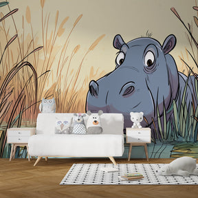 Animal mural wallpaper featuring hippo in pond creating educational kids room decor by Kids-Mundo