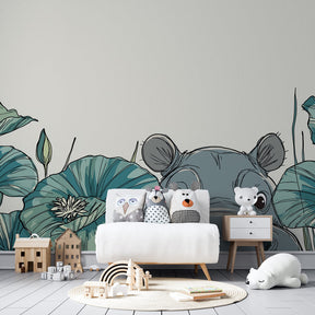 Water lily hippo mural wallpaper for peaceful toddler room by Kids-Mundo