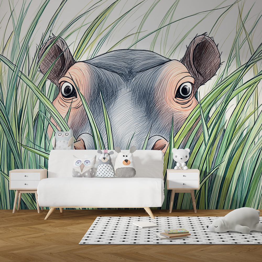 Safari hippo wallpaper with natural wood furniture in cozy children's bedroom setting