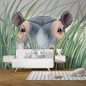 Safari hippo wallpaper with natural wood furniture in cozy children's bedroom setting