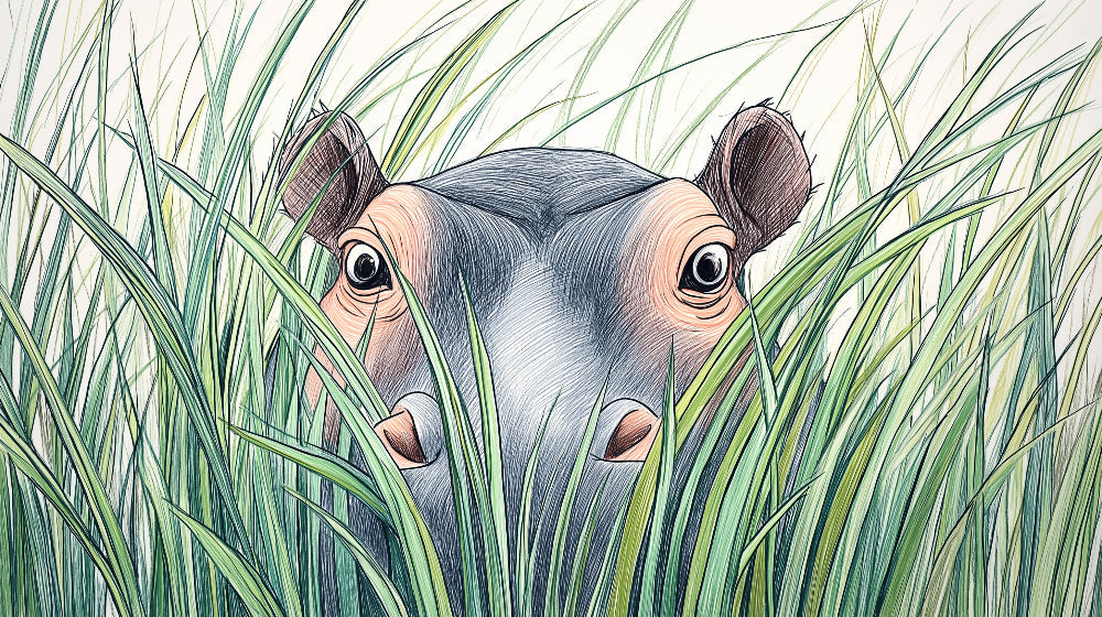 Detailed hippo in savanna grass mural wallpaper design pattern by Kids-Mundo showing curious expression
