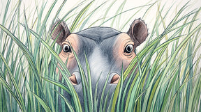 Detailed hippo in savanna grass mural wallpaper design pattern by Kids-Mundo showing curious expression