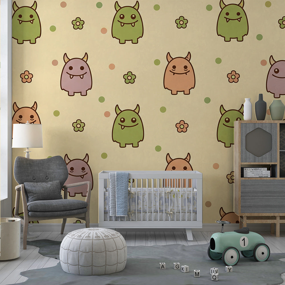Playroom wall showing a Kids-Mundo horned monster wall mural with playful flowers and confetti dots.