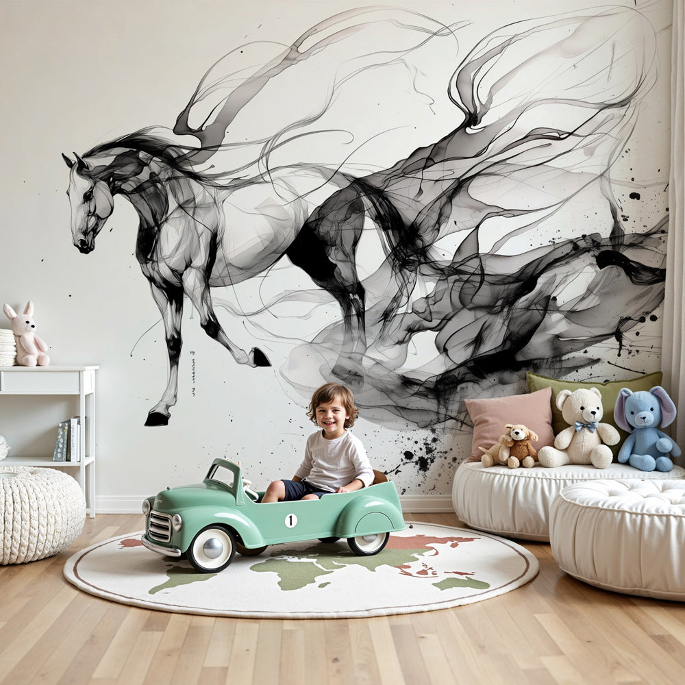Artistic horse mural wallpaper with black ink movement design in modern kids bedroom by Kids-Mundo