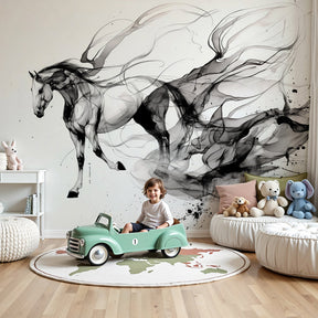 Artistic horse mural wallpaper with black ink movement design in modern kids bedroom by Kids-Mundo