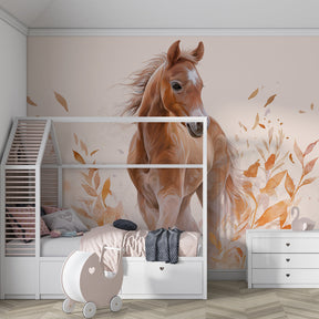 Horse nature wallpaper with falling leaves in cozy children's bedroom setting