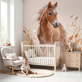 Majestic horse mural wallpaper creating serene atmosphere in modern nursery by Kids-Mundo