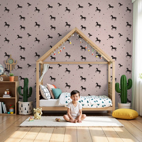 Pink horse mural wallpaper with stars creating magical nursery decor by Kids-Mundo