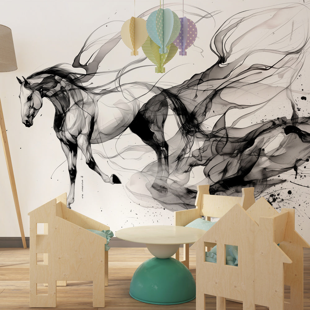 Dynamic horse mural wallpaper transforming children's playroom with fluid ink design by Kids-Mundo