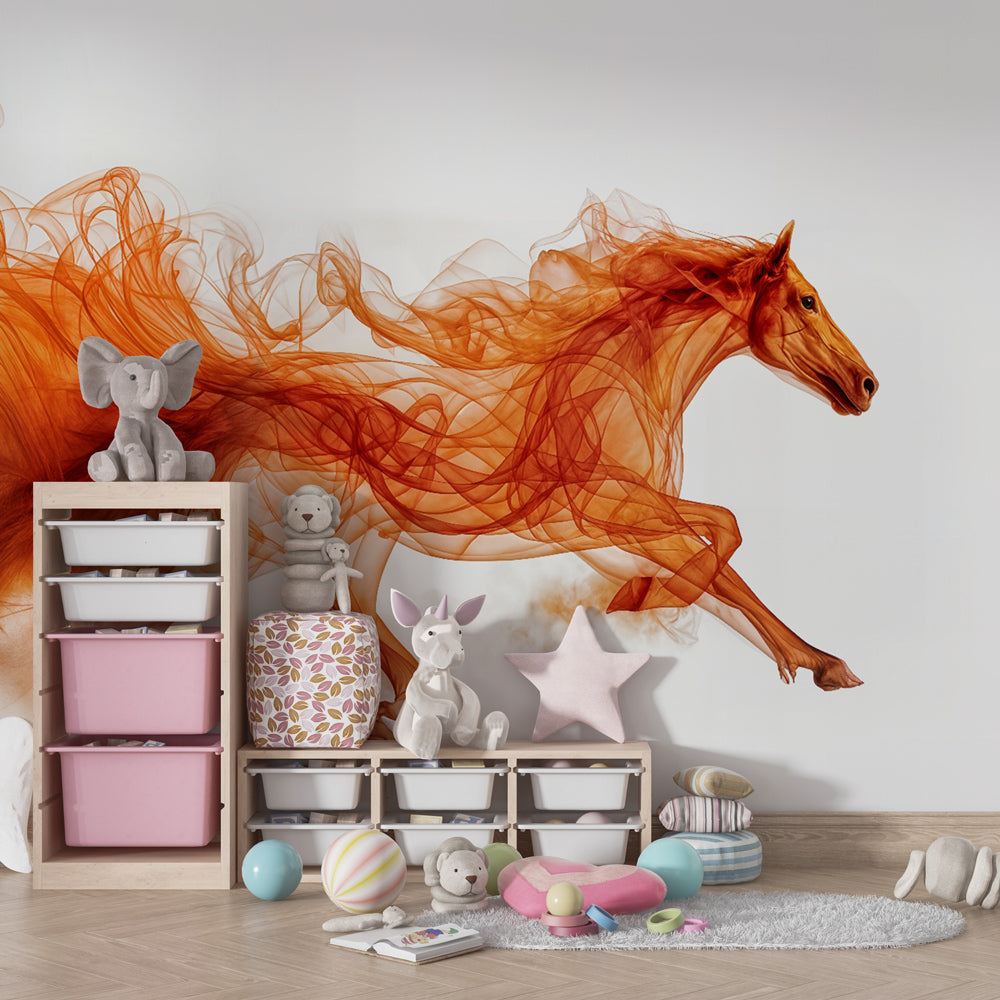 Contemporary horse mural wallpaper with dynamic swirls in creative kids playroom setting