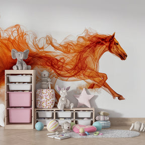 Contemporary horse mural wallpaper with dynamic swirls in creative kids playroom setting