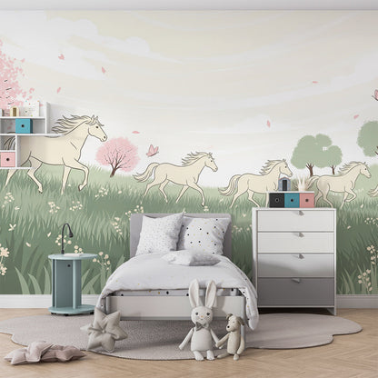 Kids-Mundo horse wall mural covering a wall in a kids bedroom with green bedding