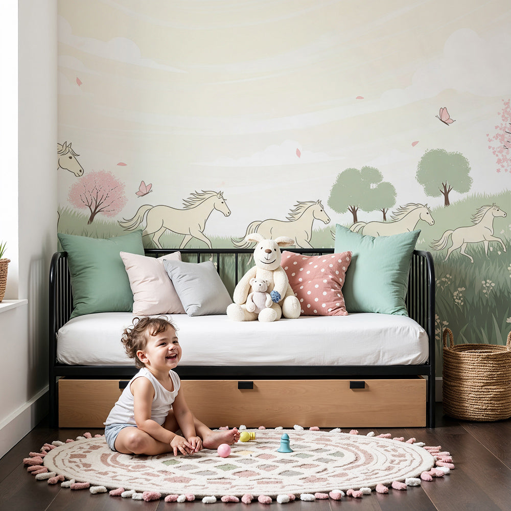 Kids-Mundo cream horse blossom meadow wall mural fitted in a light and airy nursery