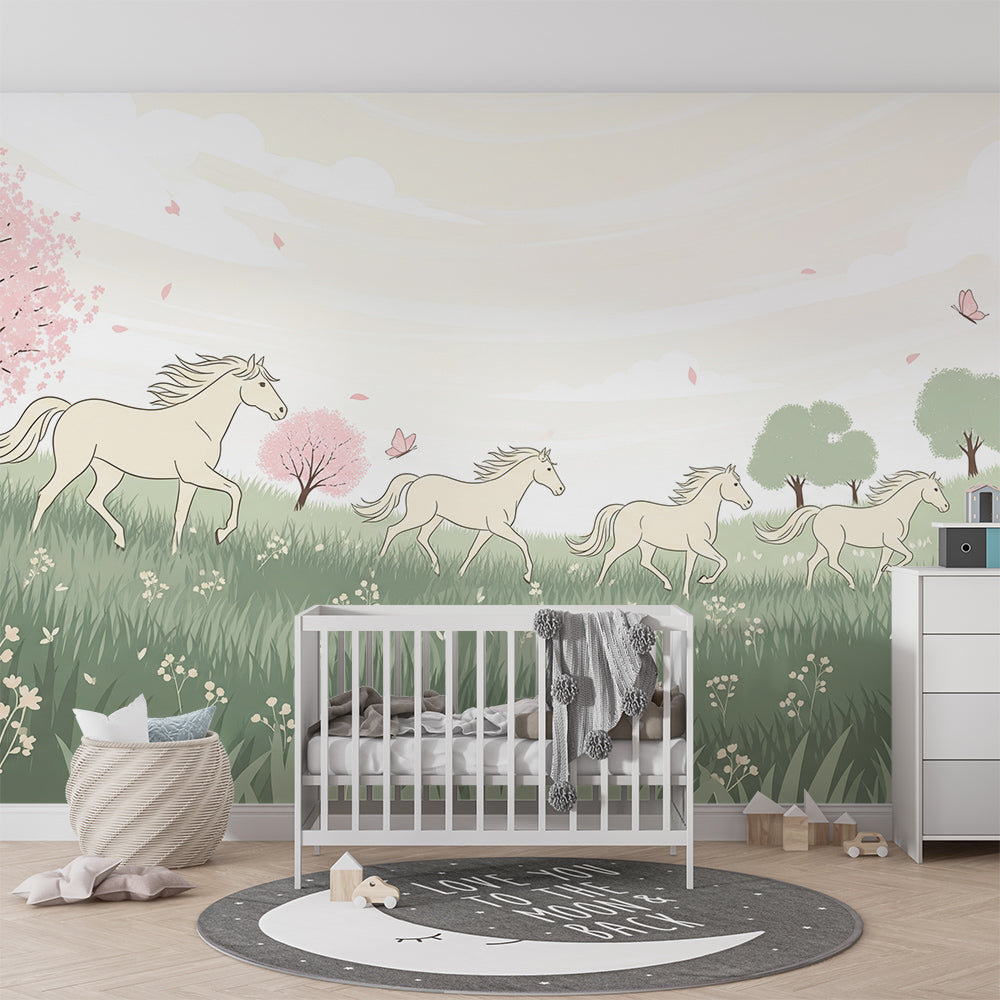 Kids-Mundo blossom meadow horse wall mural brightening a playroom with a reading rug
