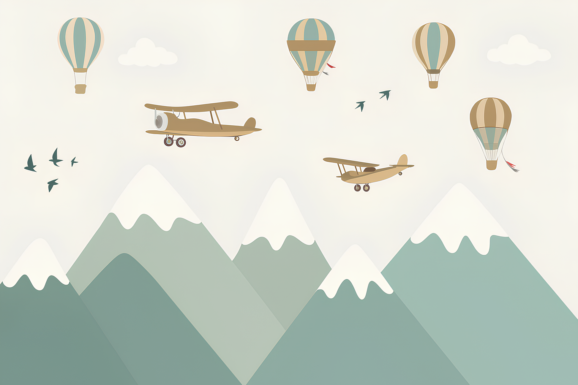 Kids-Mundo flat artwork of hot air balloons, biplanes and birds over green mountains