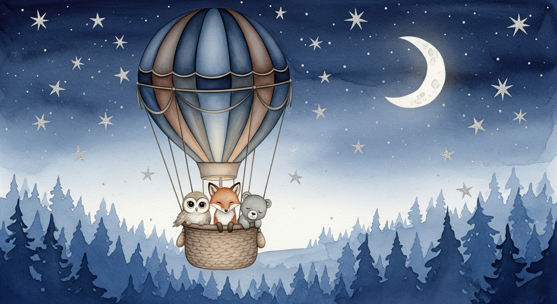 Kids-Mundo hot air balloon wall mural flat artwork showing an owl, fox and bear beneath a starry night sky