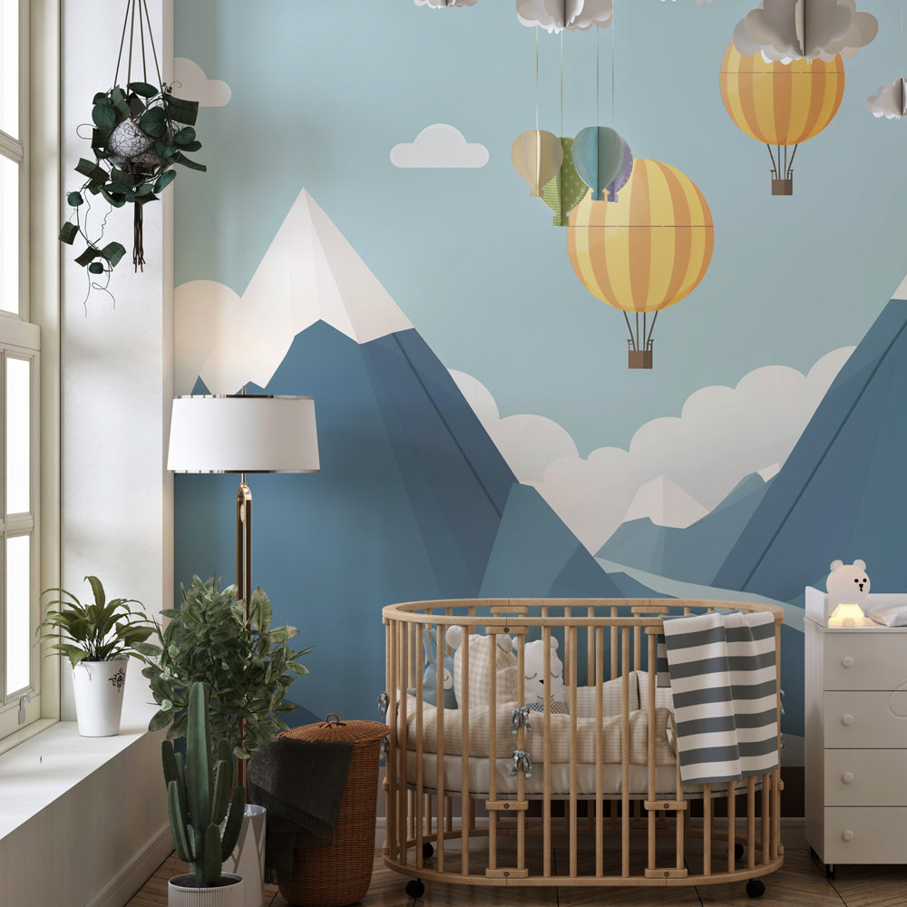 Kids-Mundo hot air balloon mountain wall mural brightening a colourful children's playroom corner