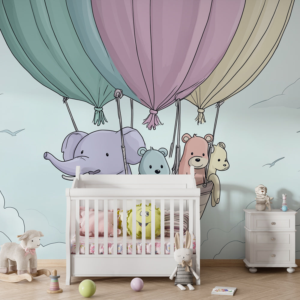 Elephant and bears hot air balloon wallpaper creating dreamy baby bedroom decor