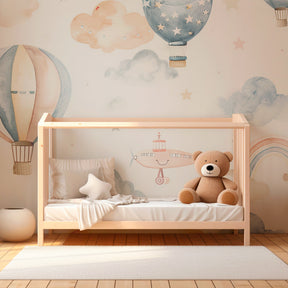 Pastel hot air balloon wallpaper in modern baby room setting with soft clouds design