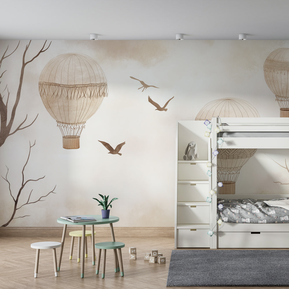 Beige hot air balloon wallpaper with flying birds in peaceful baby nursery setting