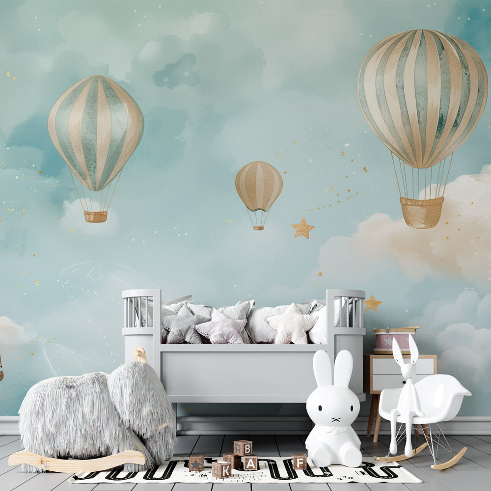Dreamy hot air balloon wallpaper creating magical atmosphere in baby's bedroom decor