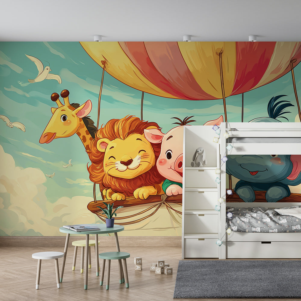Whimsical hot air balloon mural wallpaper with lion pig elephant in baby room decor
