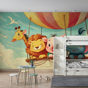 Whimsical hot air balloon mural wallpaper with lion pig elephant in baby room decor
