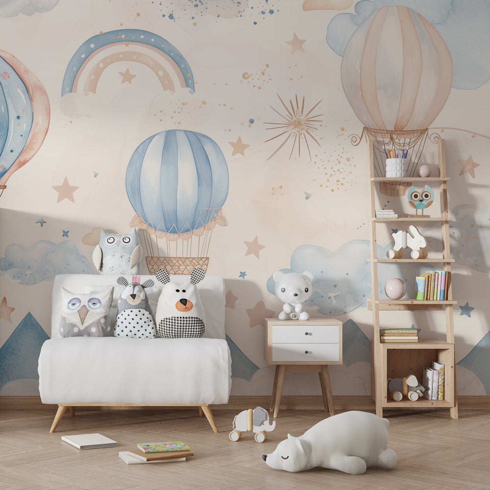 Pastel sky balloon wallpaper creating serene atmosphere in modern baby bedroom decor