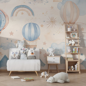 Pastel sky balloon wallpaper creating serene atmosphere in modern baby bedroom decor