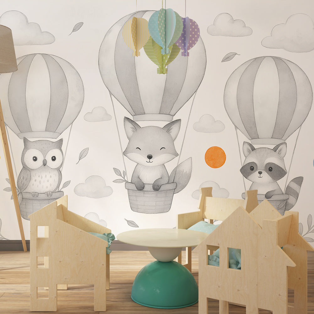 Adventure-themed balloon wallpaper creating magical atmosphere in children's bedroom